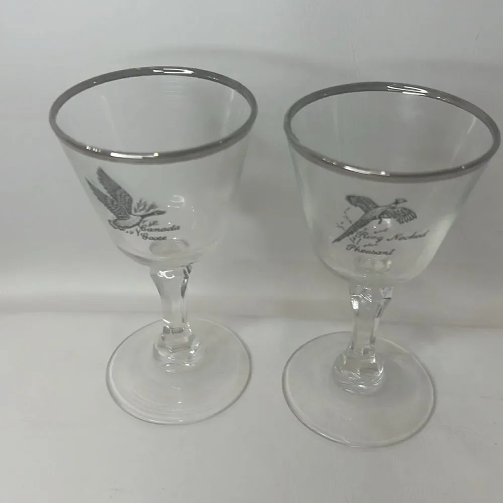 Tiffin Pheasant Grouse Crystal Stem Cocktail Goblet 3 Oz Silver Trim Rim Set 2